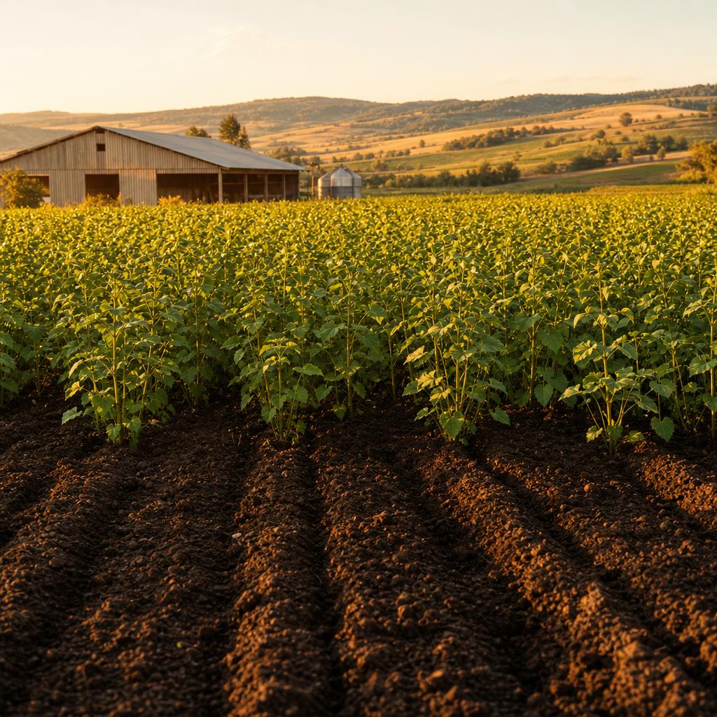 Campo agrícola de trigo mourisco ao entardecer