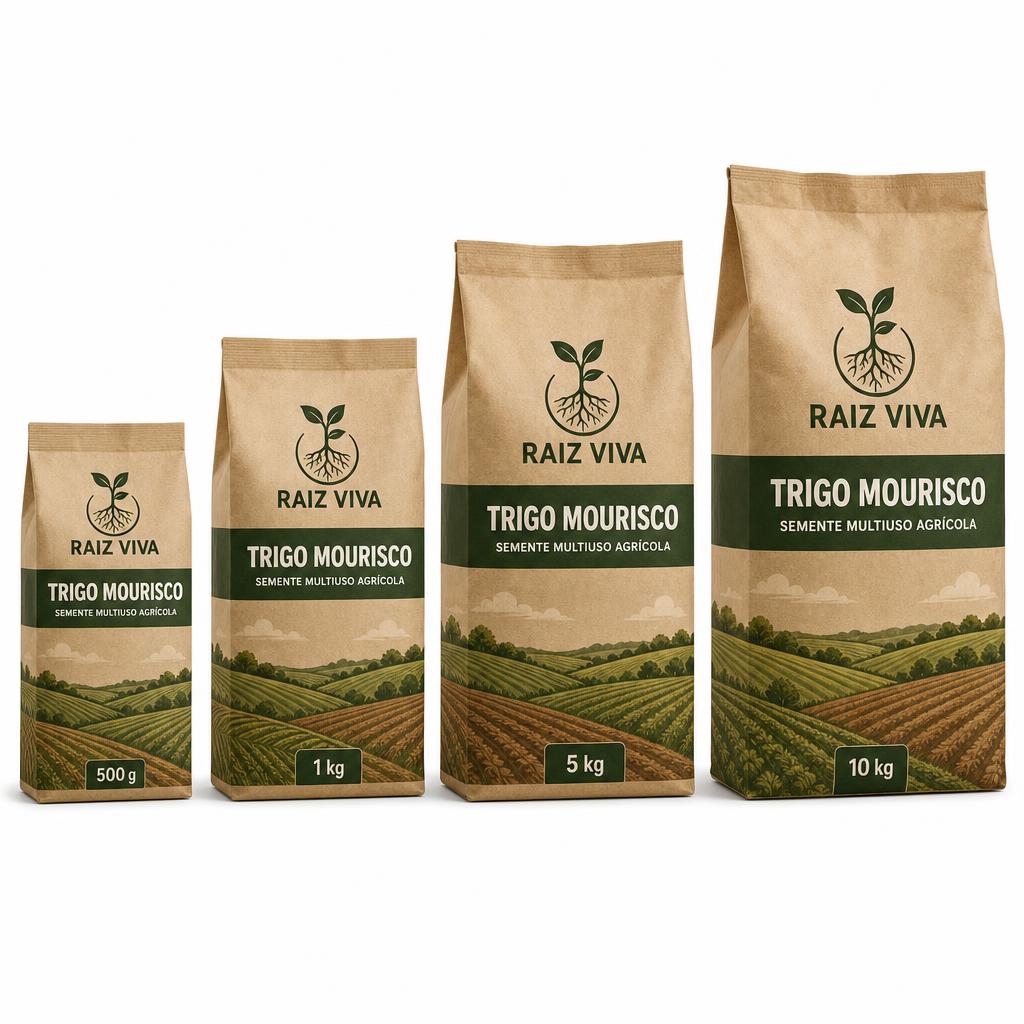 Família de embalagens Raiz Viva Trigo Mourisco: 500 g, 1 kg, 5 kg e 10 kg